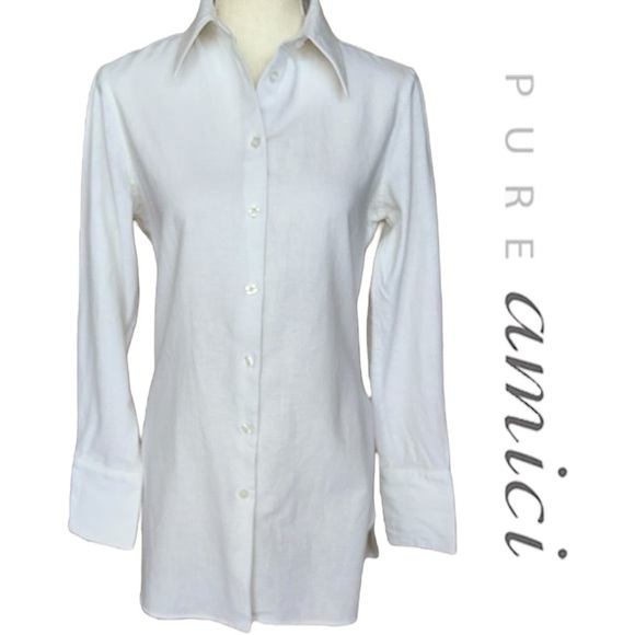 Pure Amici Classic White Linen Long Tunic Button Up Shirt Rounded Hem Sz S - Picture 2 of 16